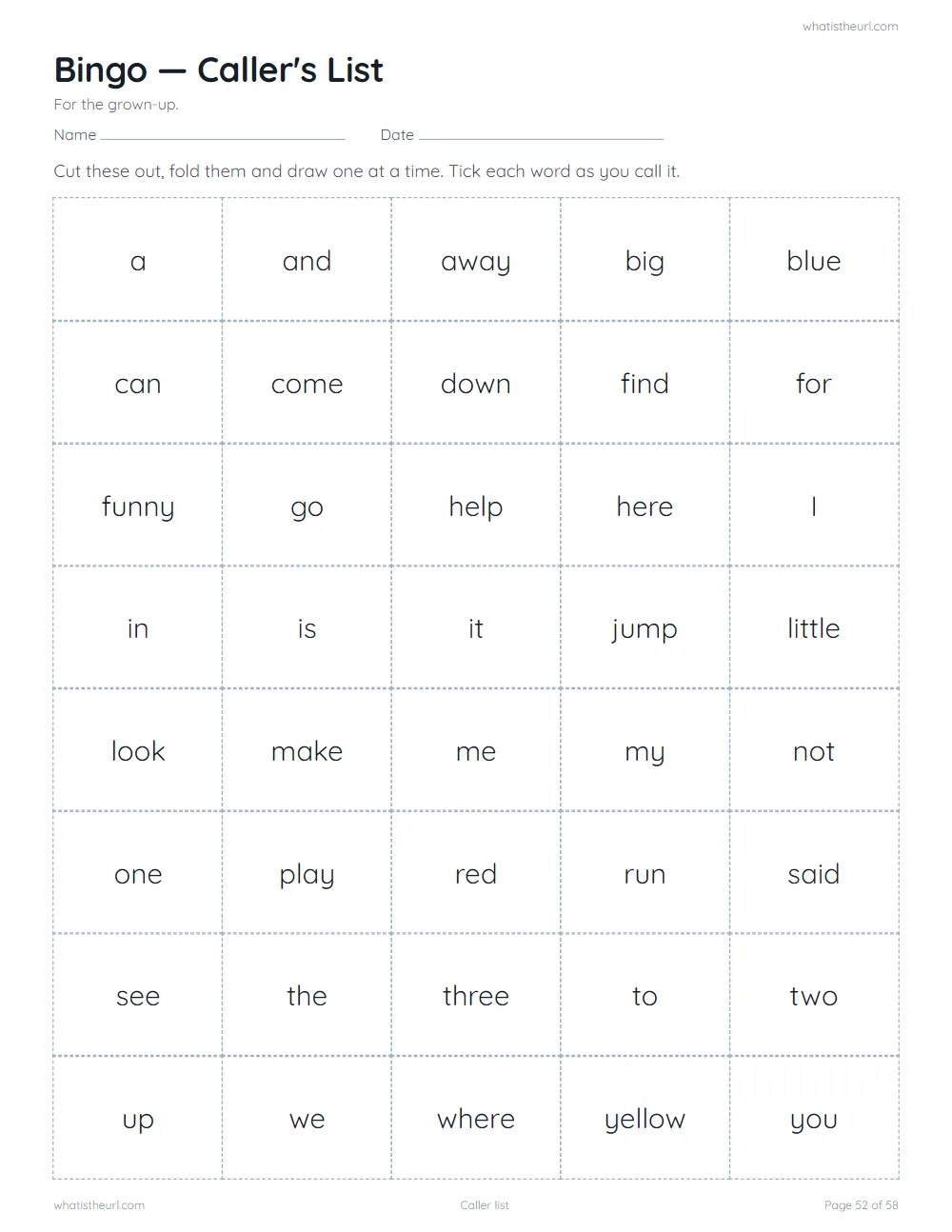 Sight word worksheet - bingo caller list