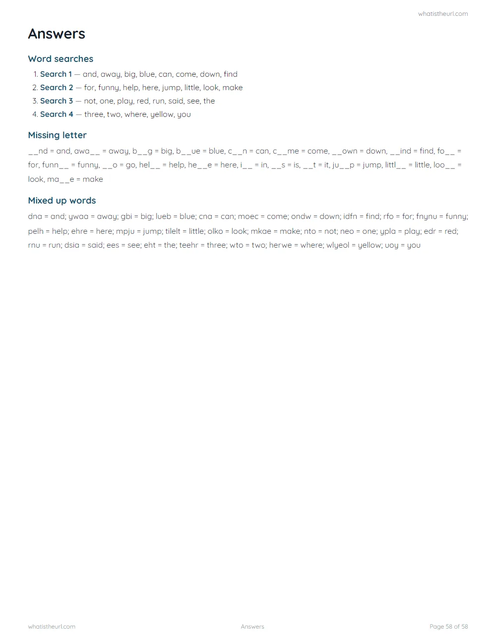 Sight word worksheet - answers