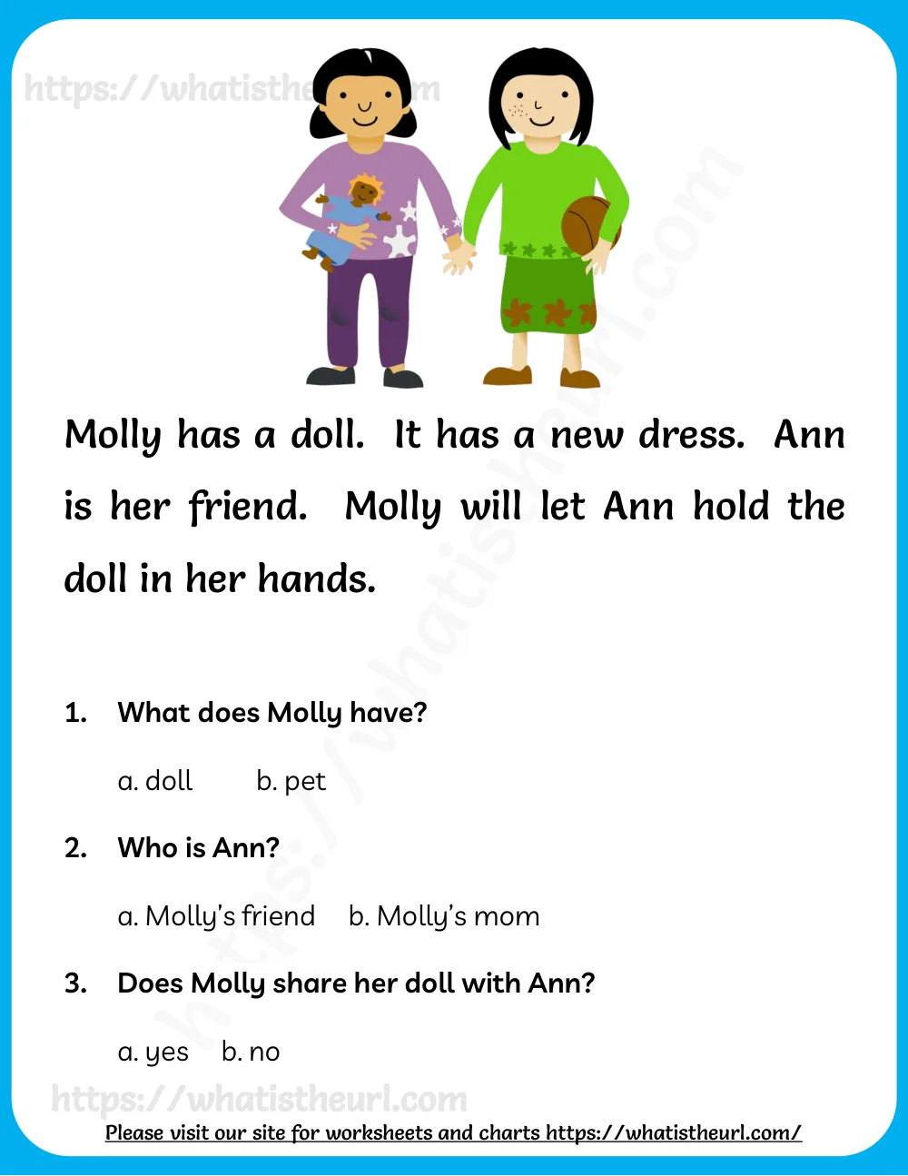 reading comprehension for kids - molly's doll - passage with multiple choice questions