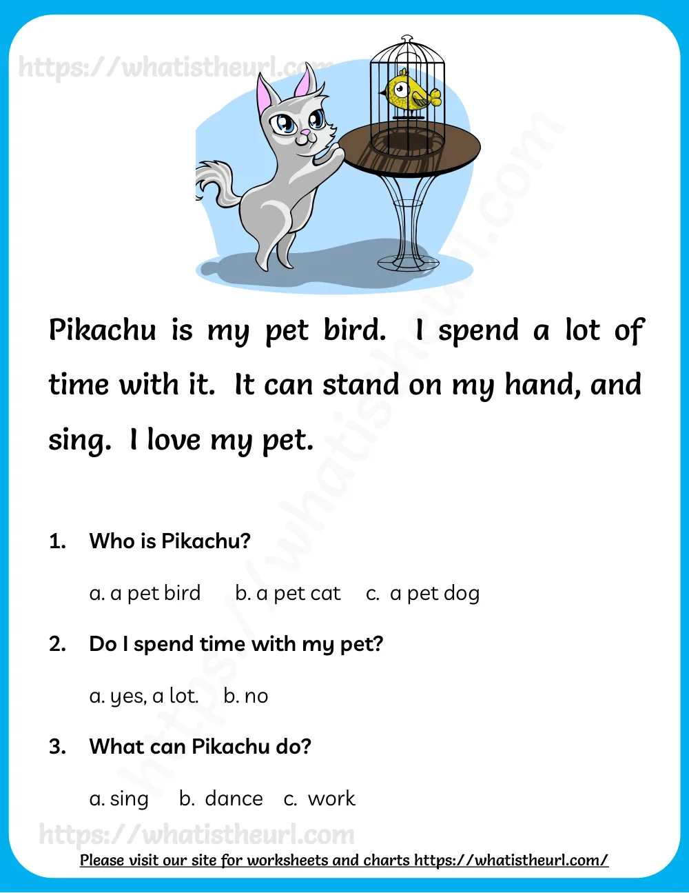 reading comprehension for kids - pikachu the pet bird - passage with multiple choice questions