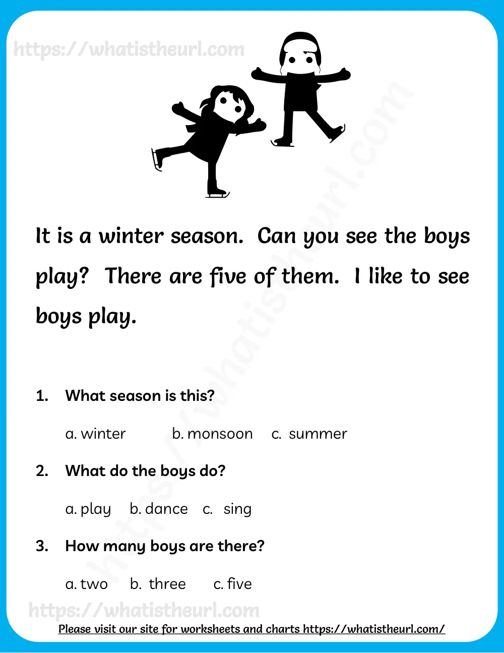 reading comprehension for kids - boys playing in winter - passage with multiple choice questions