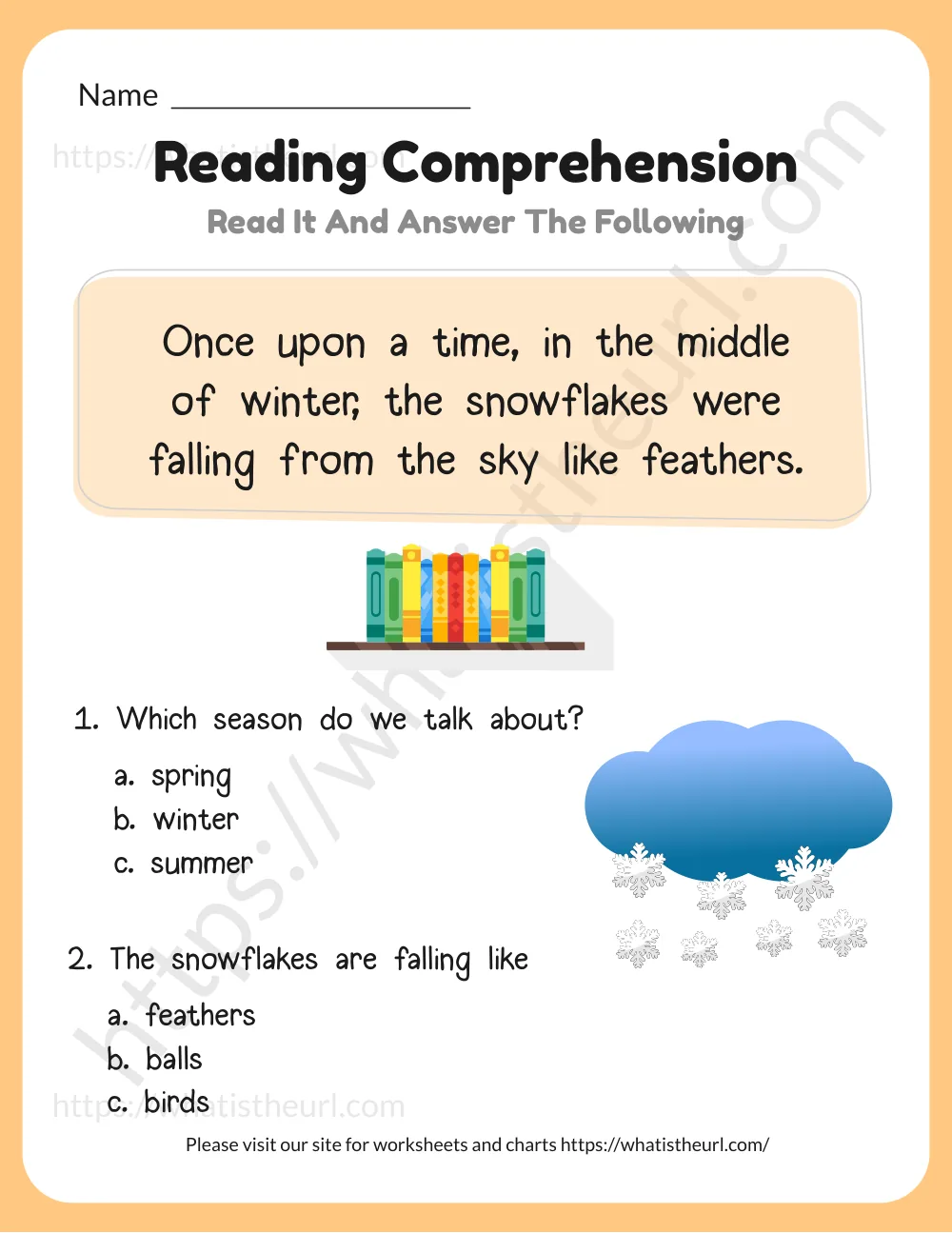reading comprehension for kids - snow in winter - passage with multiple choice questions