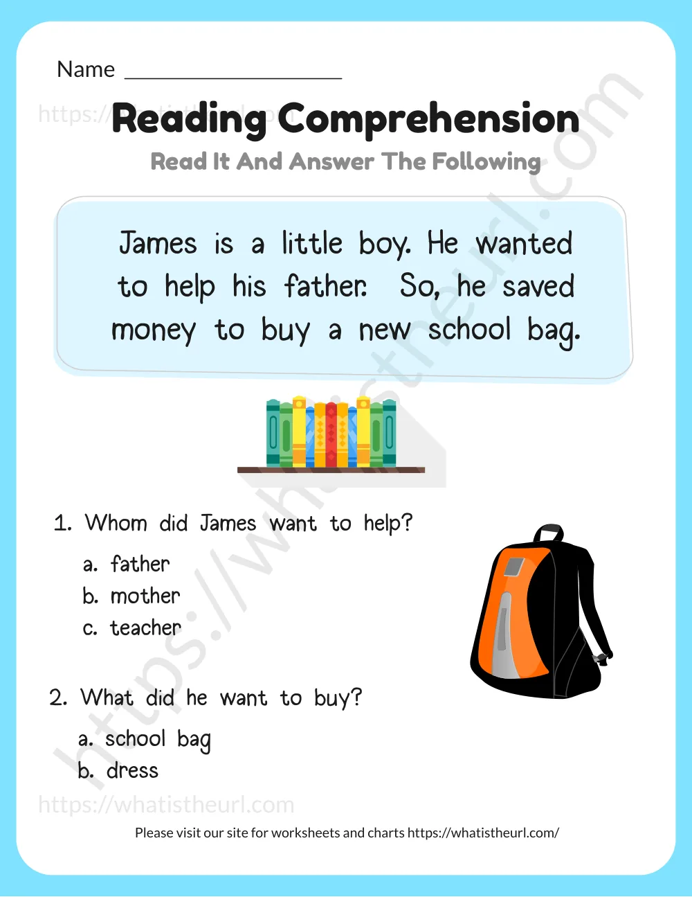 reading comprehension for kids - the new school bag - passage with multiple choice questions