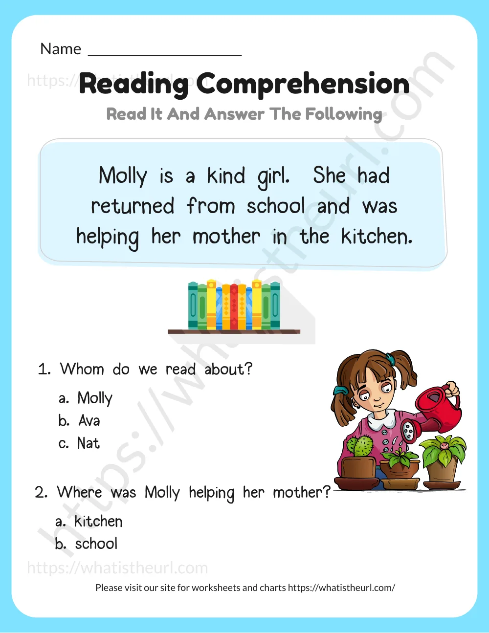 reading comprehension for kids - molly helps her mother - passage with multiple choice questions