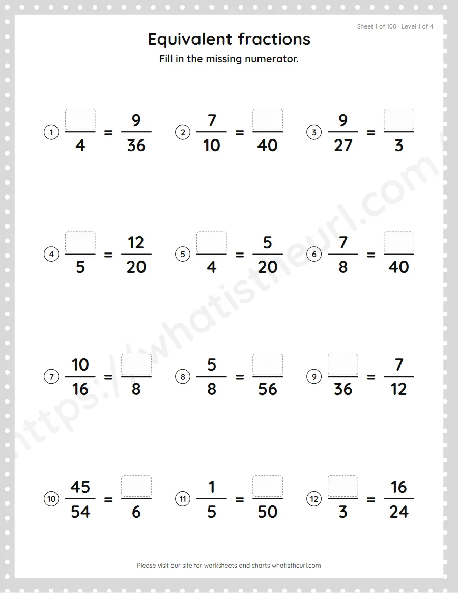 Grade 4 equivalent fractions - missing numerator worksheet, sheet 1