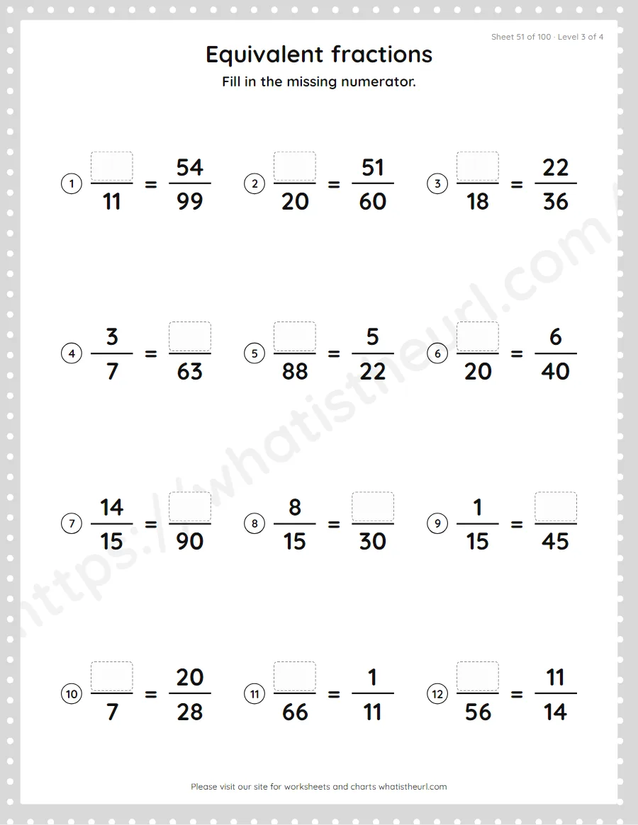 Grade 4 equivalent fractions - missing numerator worksheet, sheet 51