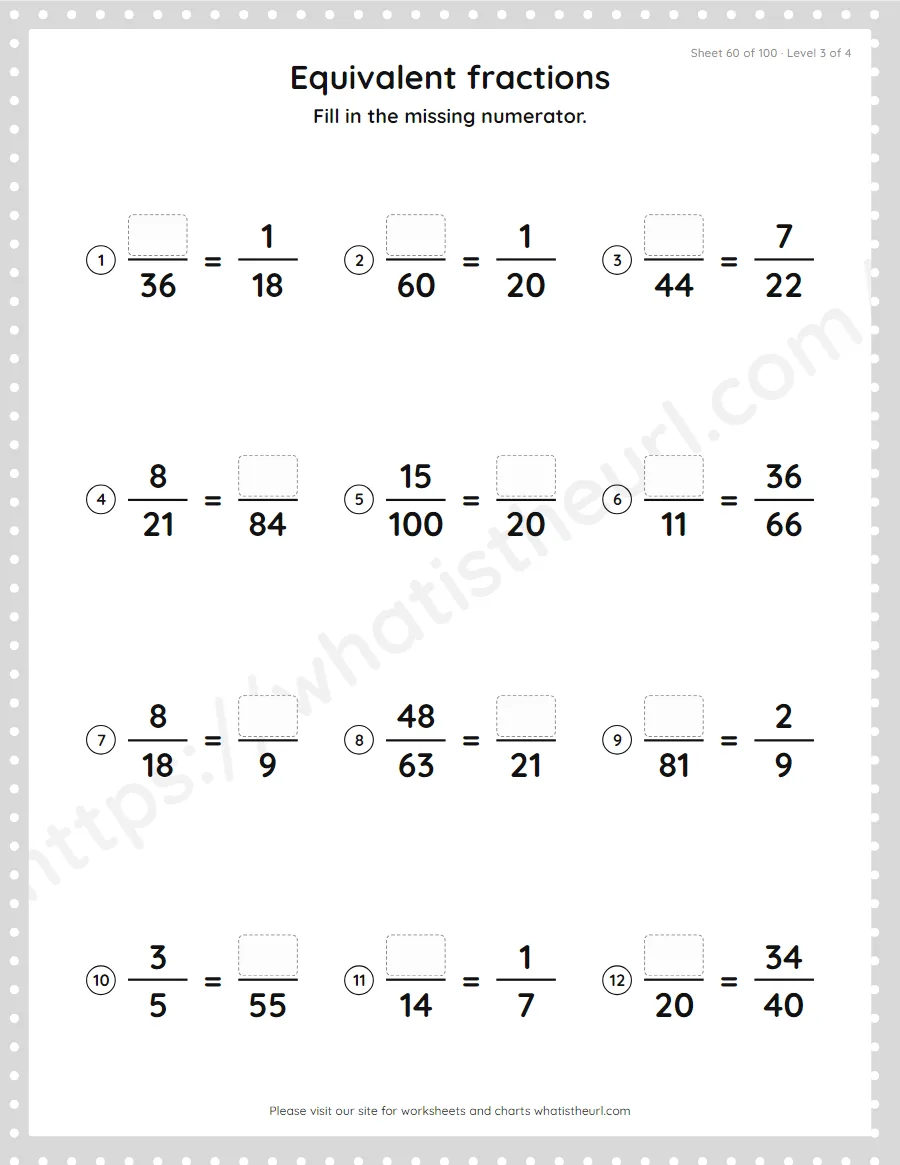 Grade 4 equivalent fractions - missing numerator worksheet, sheet 60