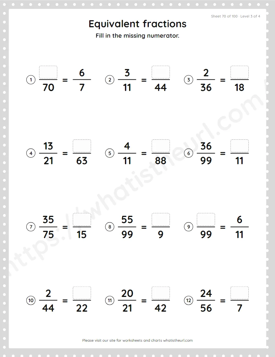 Grade 4 equivalent fractions - missing numerator worksheet, sheet 70