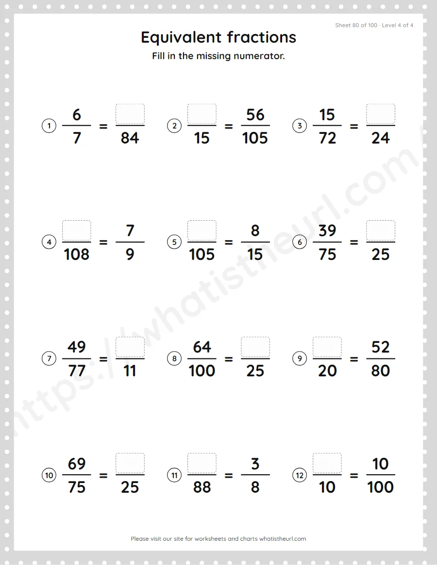 Grade 4 equivalent fractions - missing numerator worksheet, sheet 80