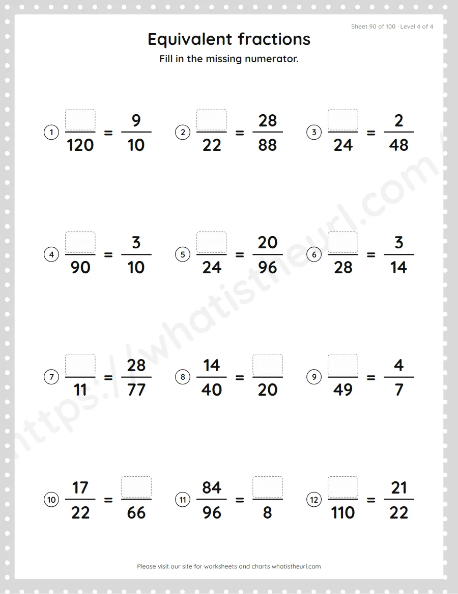 Grade 4 equivalent fractions - missing numerator worksheet, sheet 90