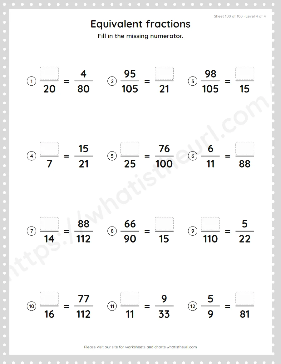 Grade 4 equivalent fractions - missing numerator worksheet, sheet 100