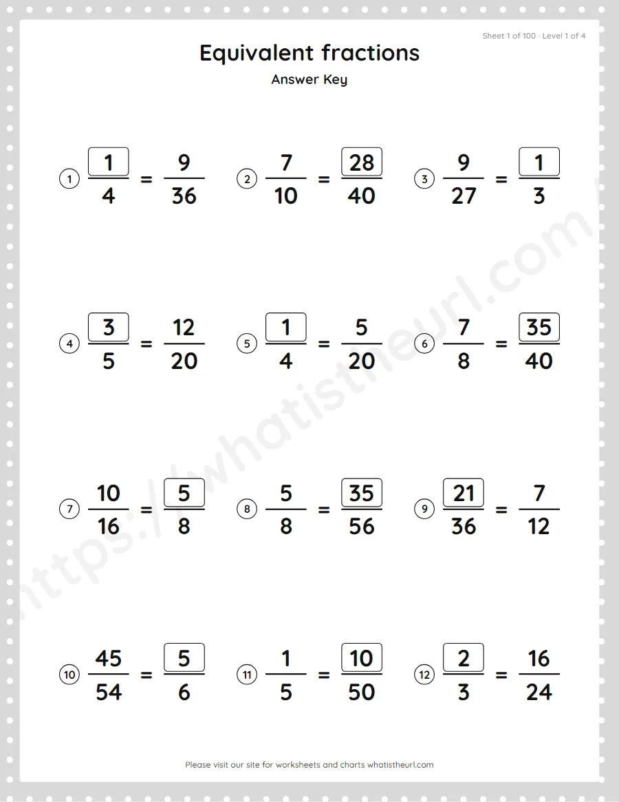 Grade 4 equivalent fractions - missing numerator answer key, sheet 1