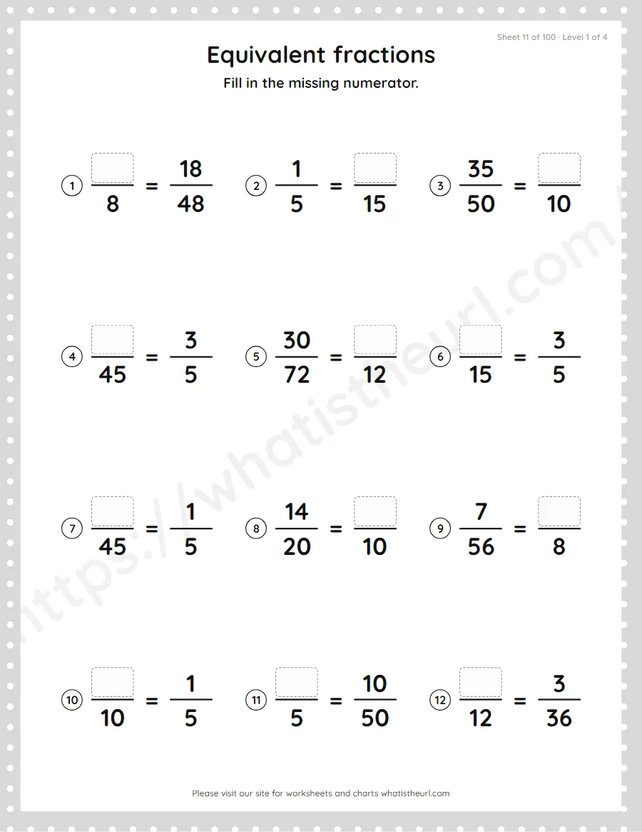 Grade 4 equivalent fractions - missing numerator worksheet, sheet 11