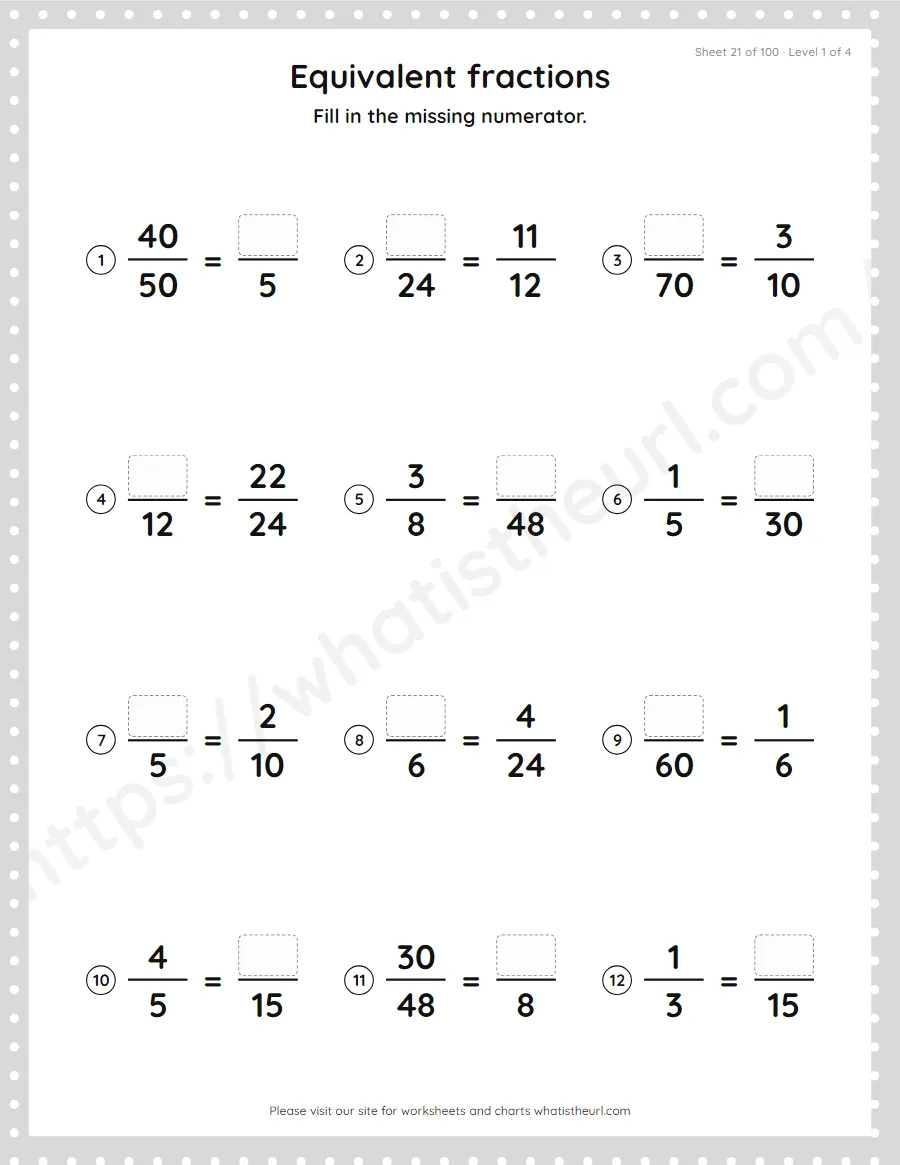 Grade 4 equivalent fractions - missing numerator worksheet, sheet 21