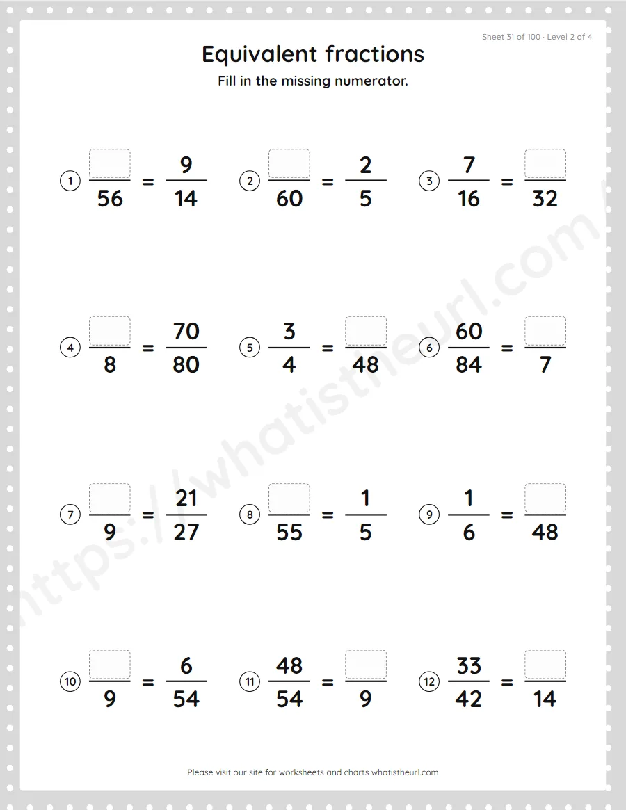 Grade 4 equivalent fractions - missing numerator worksheet, sheet 31