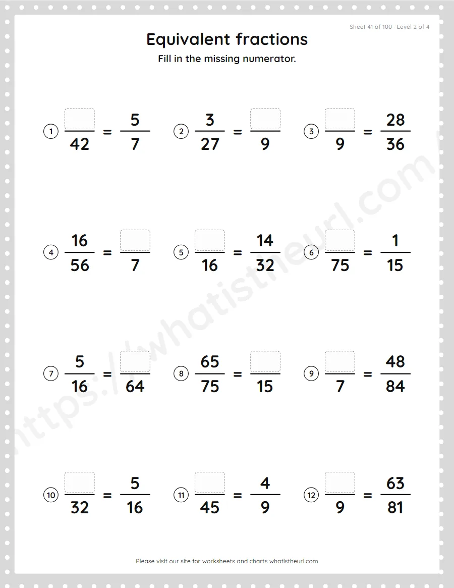 Grade 4 equivalent fractions - missing numerator worksheet, sheet 41