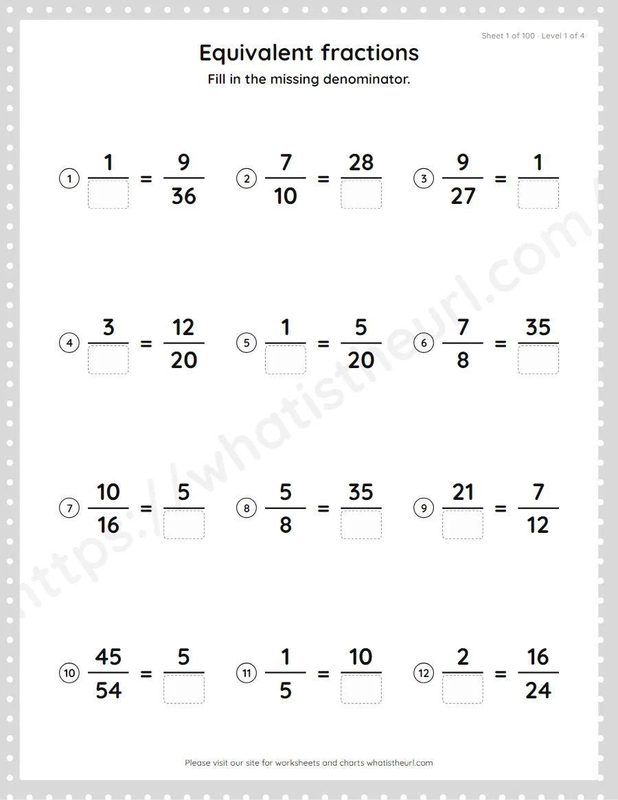 Grade 4 equivalent fractions - missing denominator worksheet, sheet 1