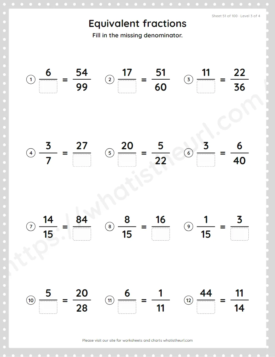 Grade 4 equivalent fractions - missing denominator worksheet, sheet 51