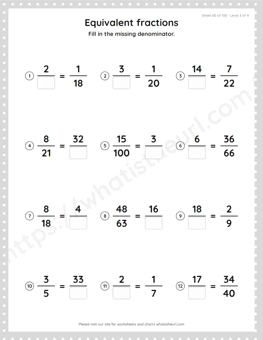 Grade 4 equivalent fractions - missing denominator worksheet, sheet 60