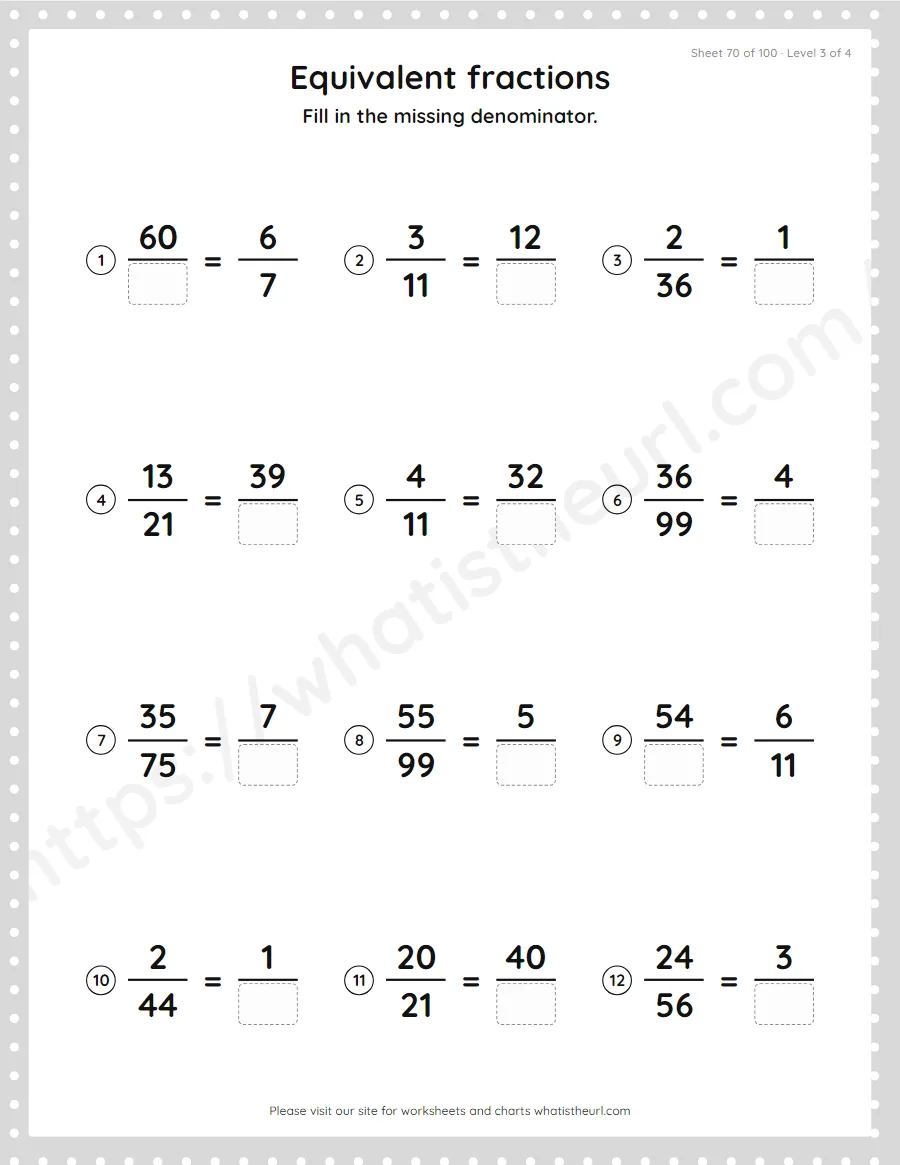 Grade 4 equivalent fractions - missing denominator worksheet, sheet 70