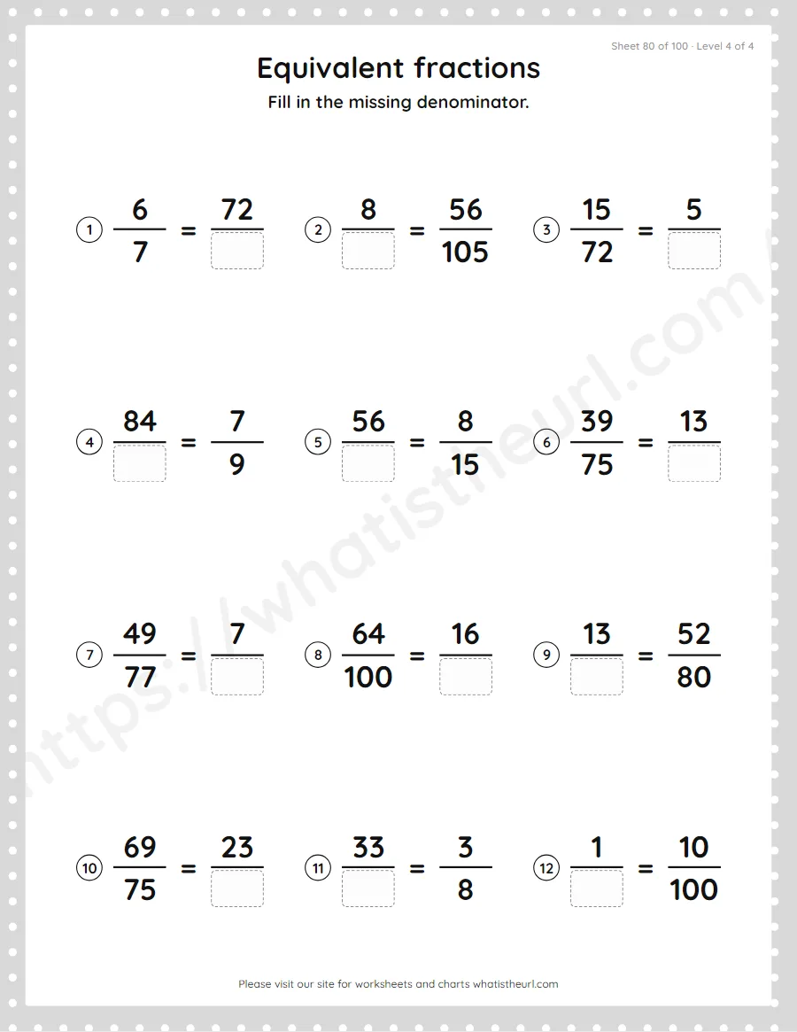 Grade 4 equivalent fractions - missing denominator worksheet, sheet 80