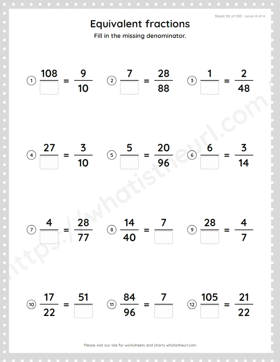 Grade 4 equivalent fractions - missing denominator worksheet, sheet 90