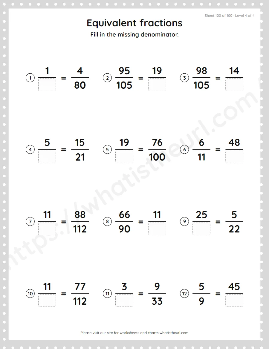 Grade 4 equivalent fractions - missing denominator worksheet, sheet 100