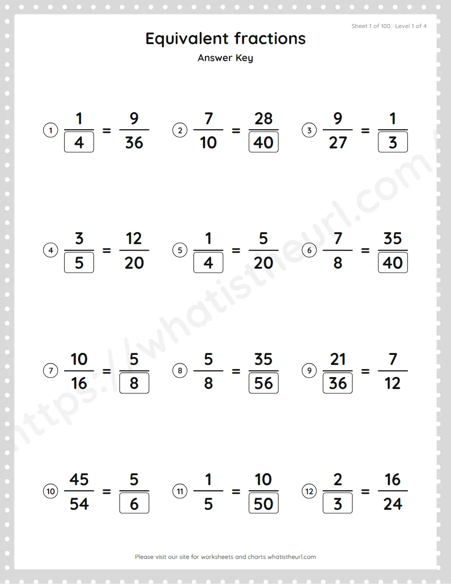 Grade 4 equivalent fractions - missing denominator answer key, sheet 1