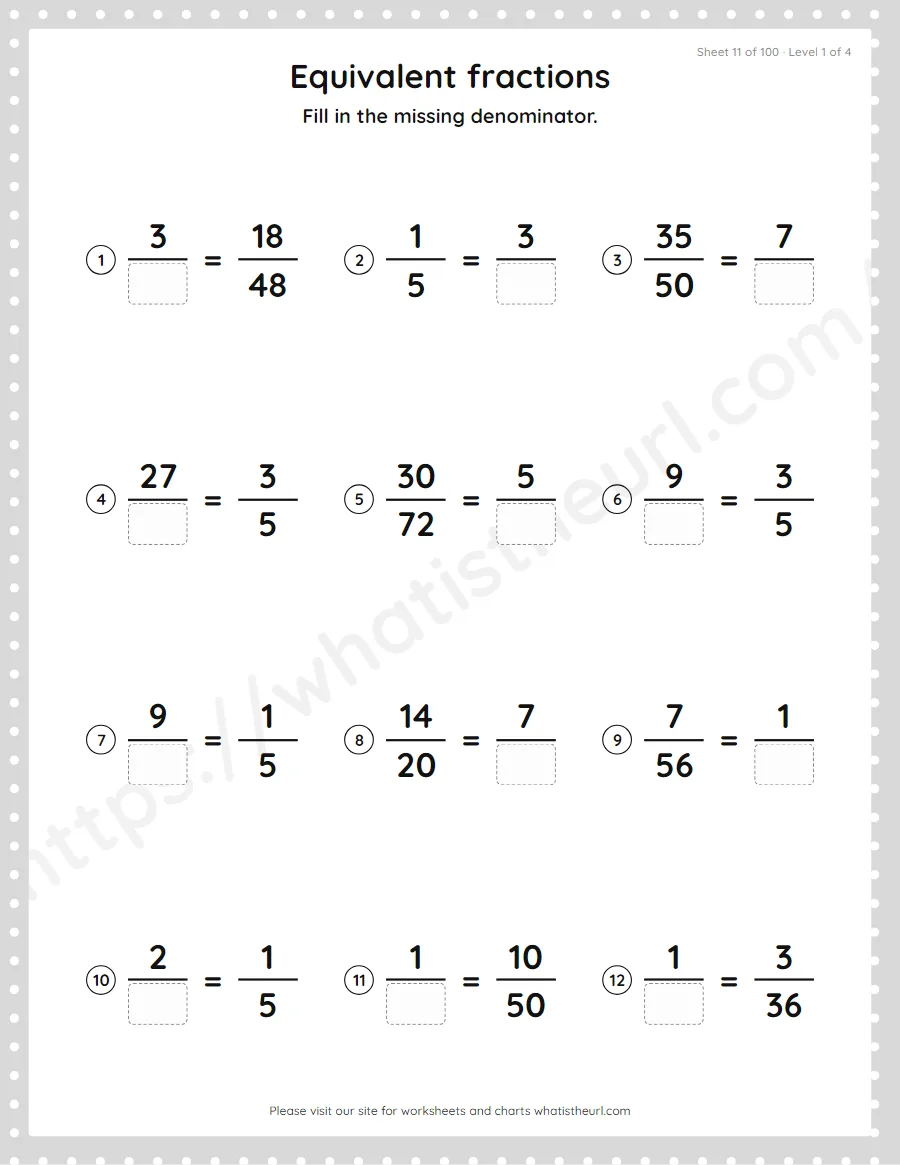 Grade 4 equivalent fractions - missing denominator worksheet, sheet 11