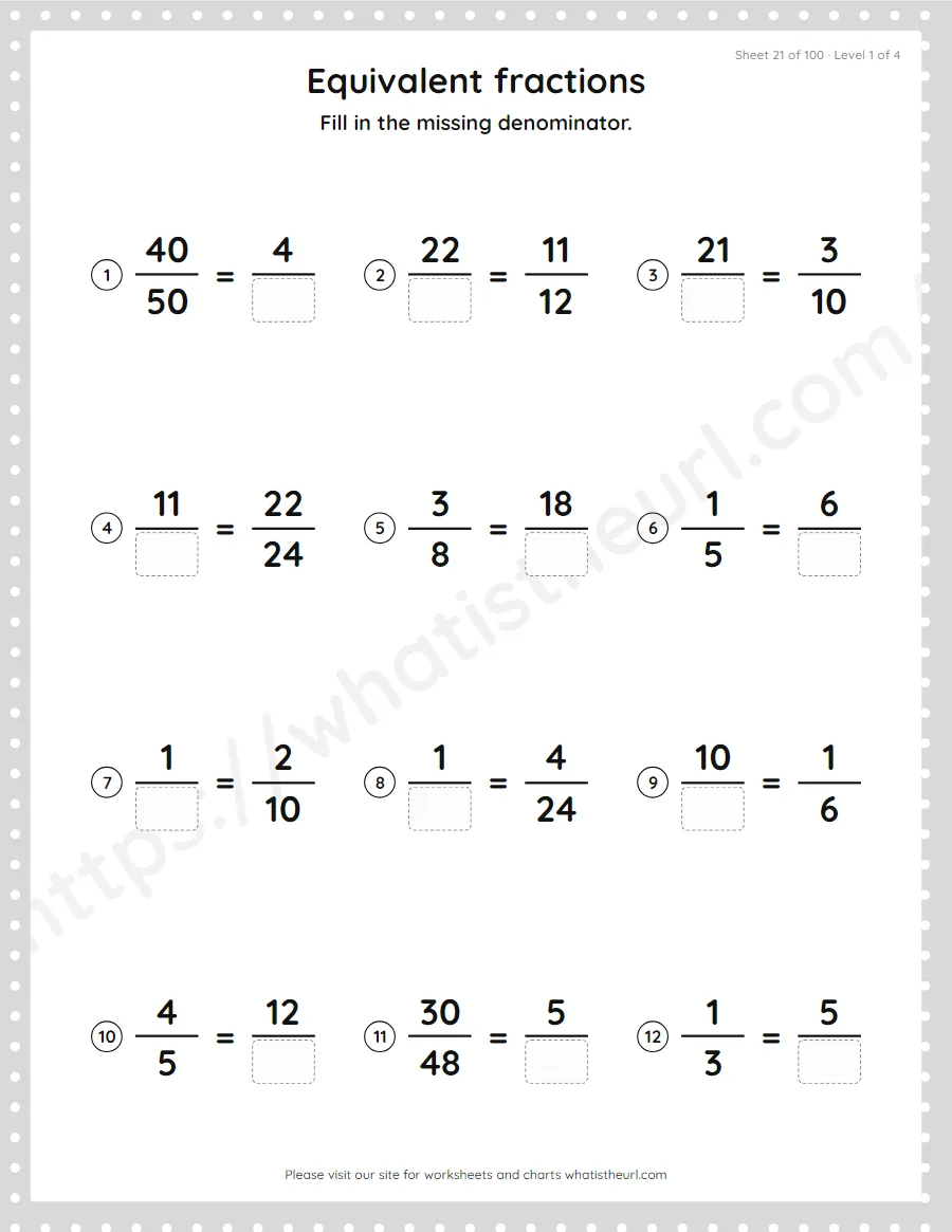 Grade 4 equivalent fractions - missing denominator worksheet, sheet 21