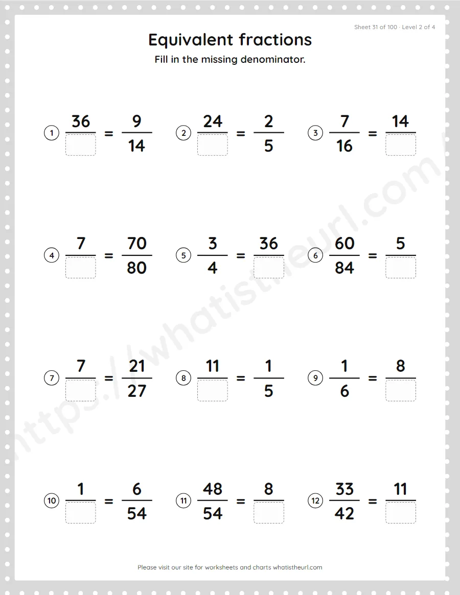 Grade 4 equivalent fractions - missing denominator worksheet, sheet 31