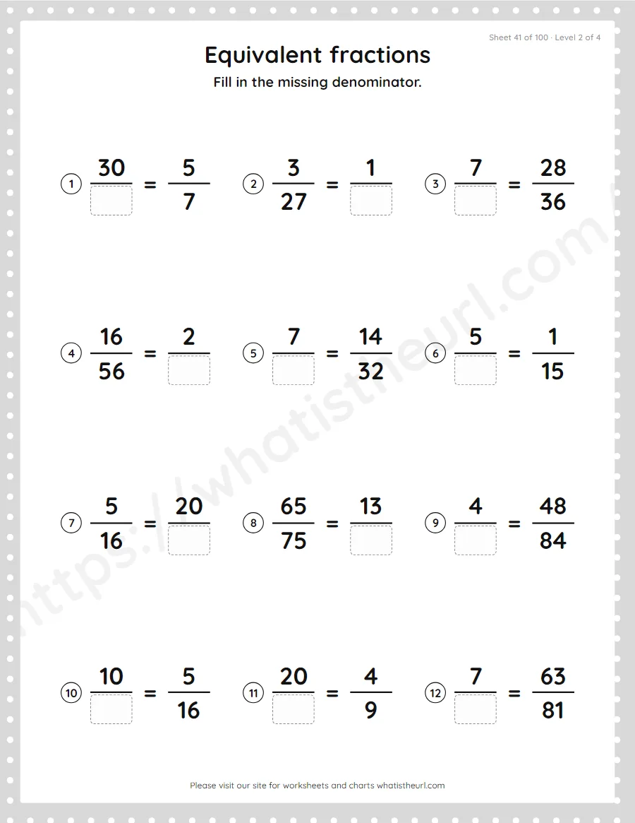 Grade 4 equivalent fractions - missing denominator worksheet, sheet 41