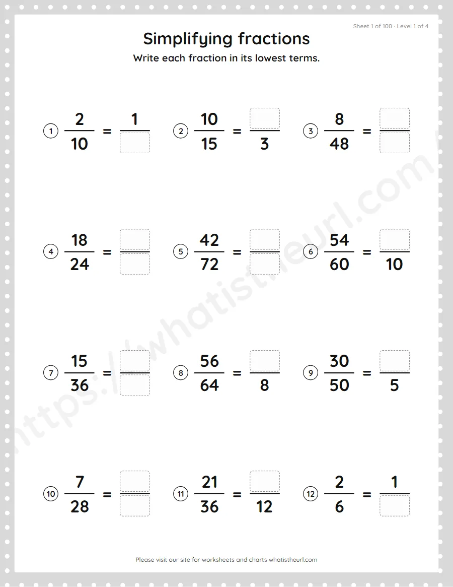 Grade 4 simplifying fractions to lowest terms worksheet, sheet 1