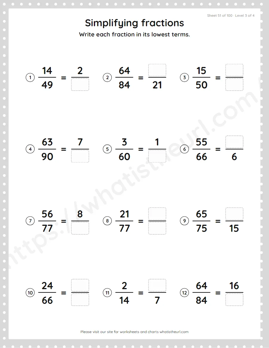 Grade 4 simplifying fractions to lowest terms worksheet, sheet 51