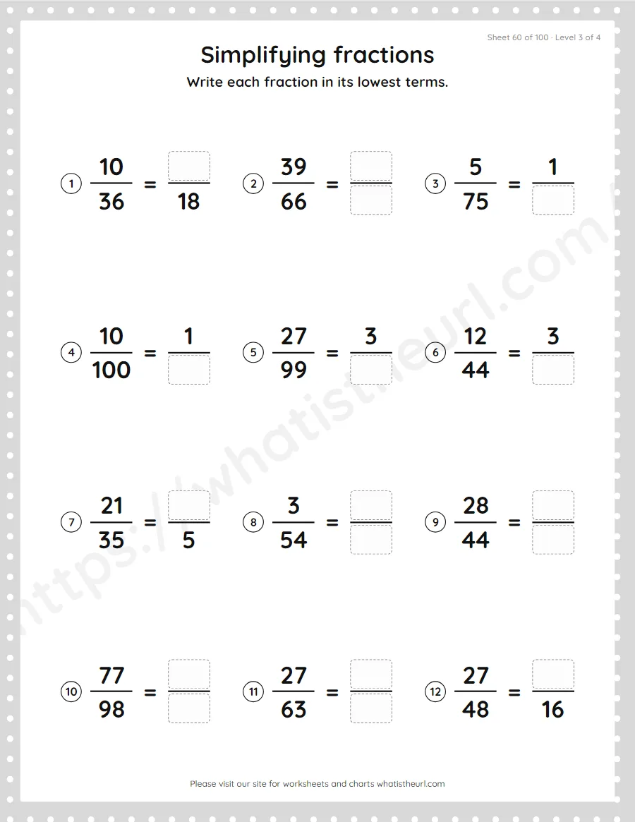 Grade 4 simplifying fractions to lowest terms worksheet, sheet 60