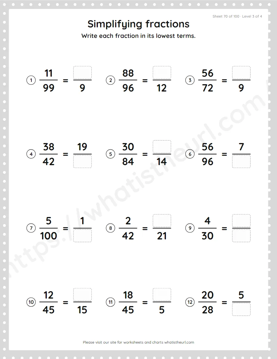 Grade 4 simplifying fractions to lowest terms worksheet, sheet 70