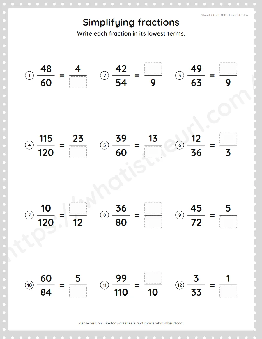Grade 4 simplifying fractions to lowest terms worksheet, sheet 80