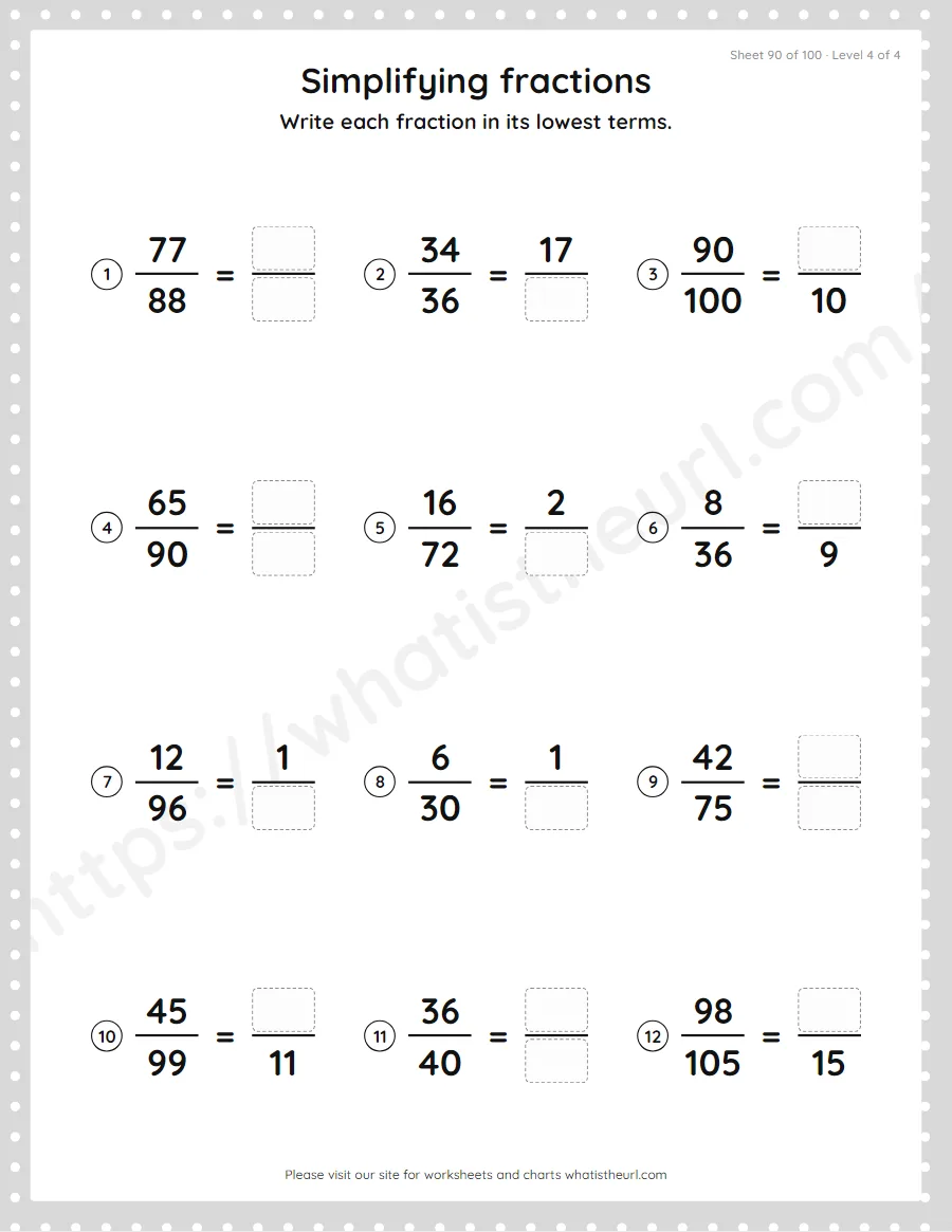 Grade 4 simplifying fractions to lowest terms worksheet, sheet 90