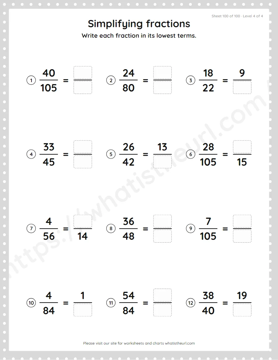 Grade 4 simplifying fractions to lowest terms worksheet, sheet 100