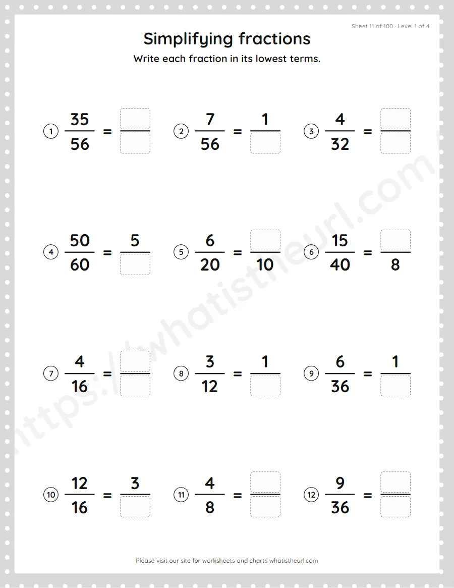 Grade 4 simplifying fractions to lowest terms worksheet, sheet 11