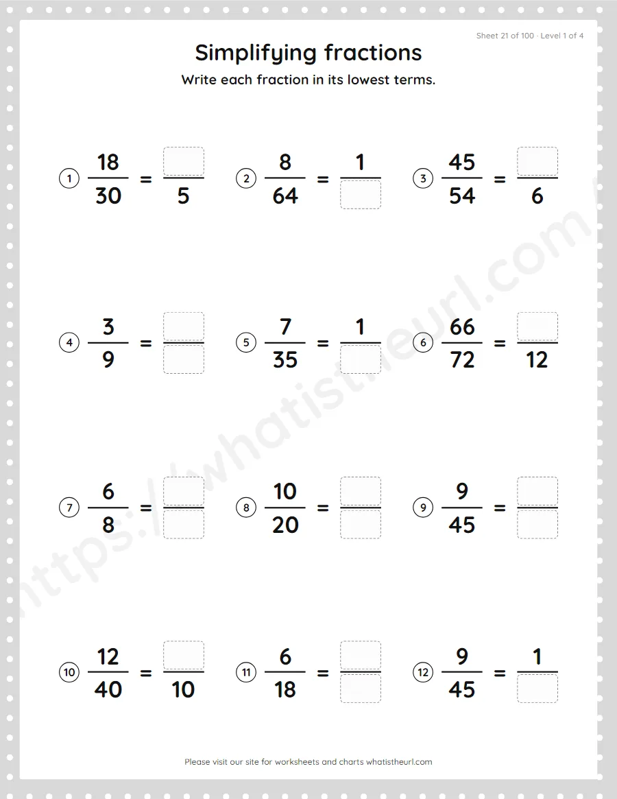 Grade 4 simplifying fractions to lowest terms worksheet, sheet 21