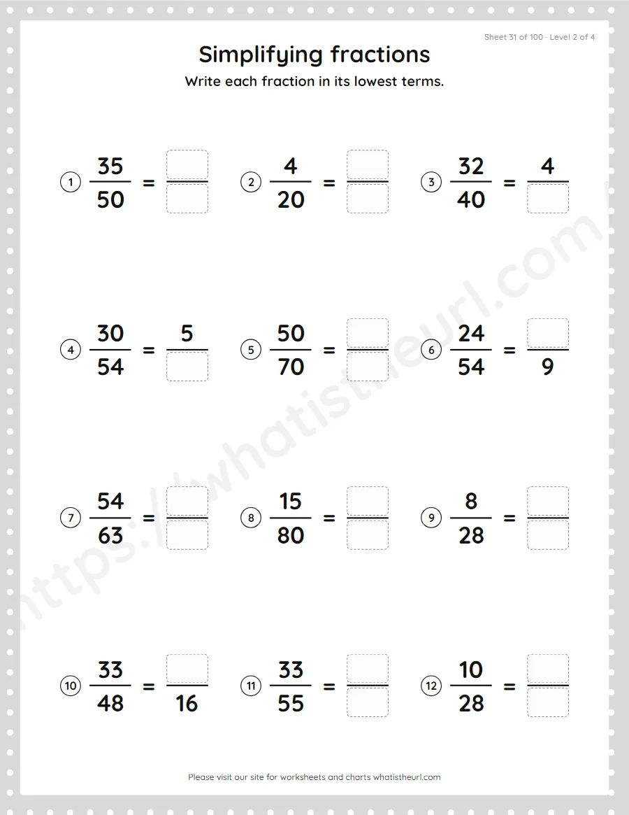 Grade 4 simplifying fractions to lowest terms worksheet, sheet 31