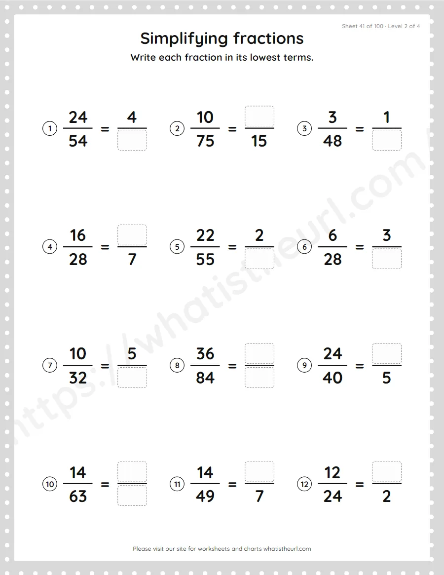 Grade 4 simplifying fractions to lowest terms worksheet, sheet 41
