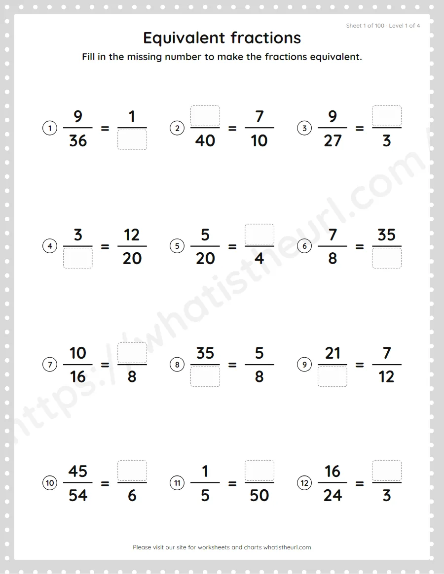 Grade 4 equivalent fractions - find the missing number worksheet, sheet 1