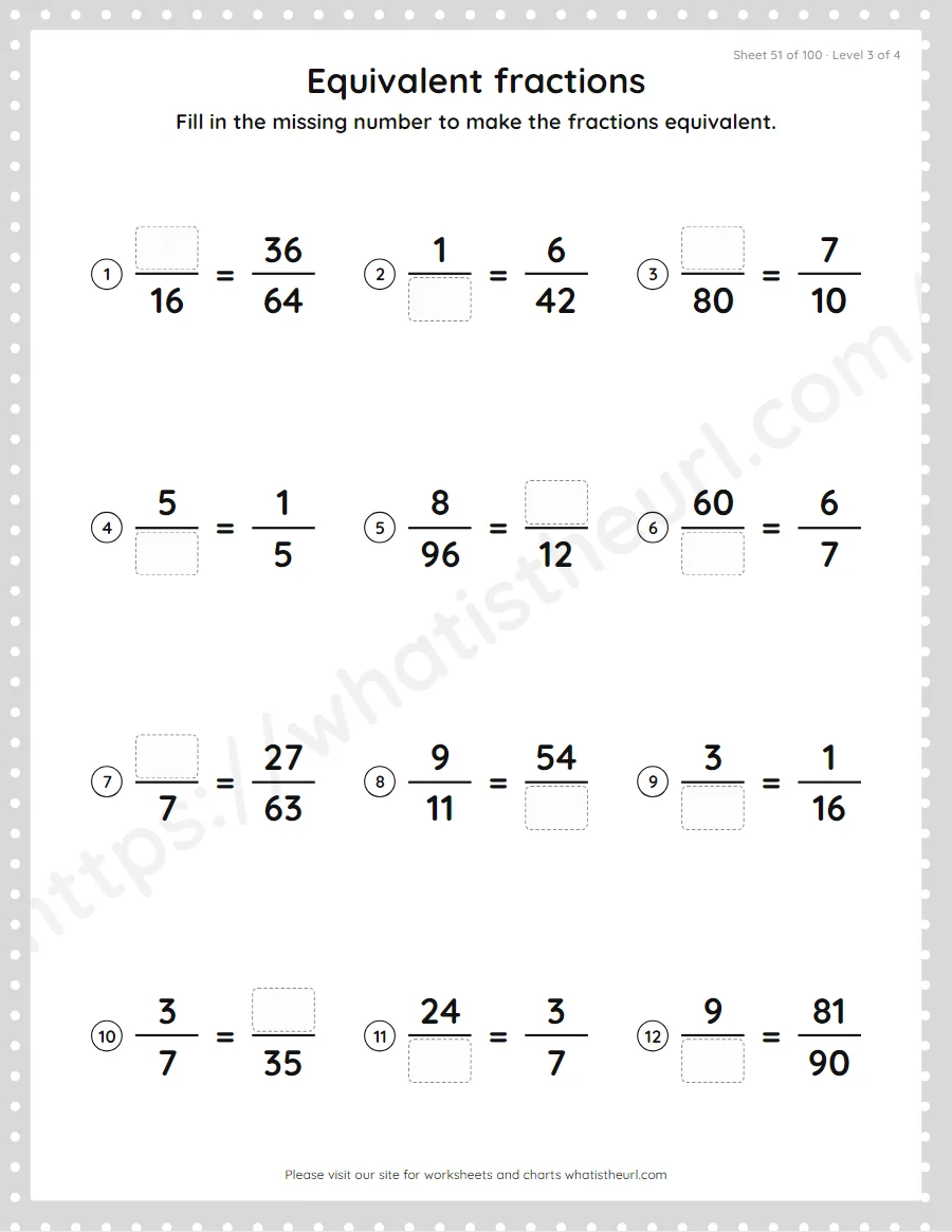 Grade 4 equivalent fractions - find the missing number worksheet, sheet 51