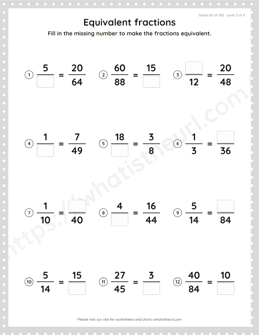 Grade 4 equivalent fractions - find the missing number worksheet, sheet 60