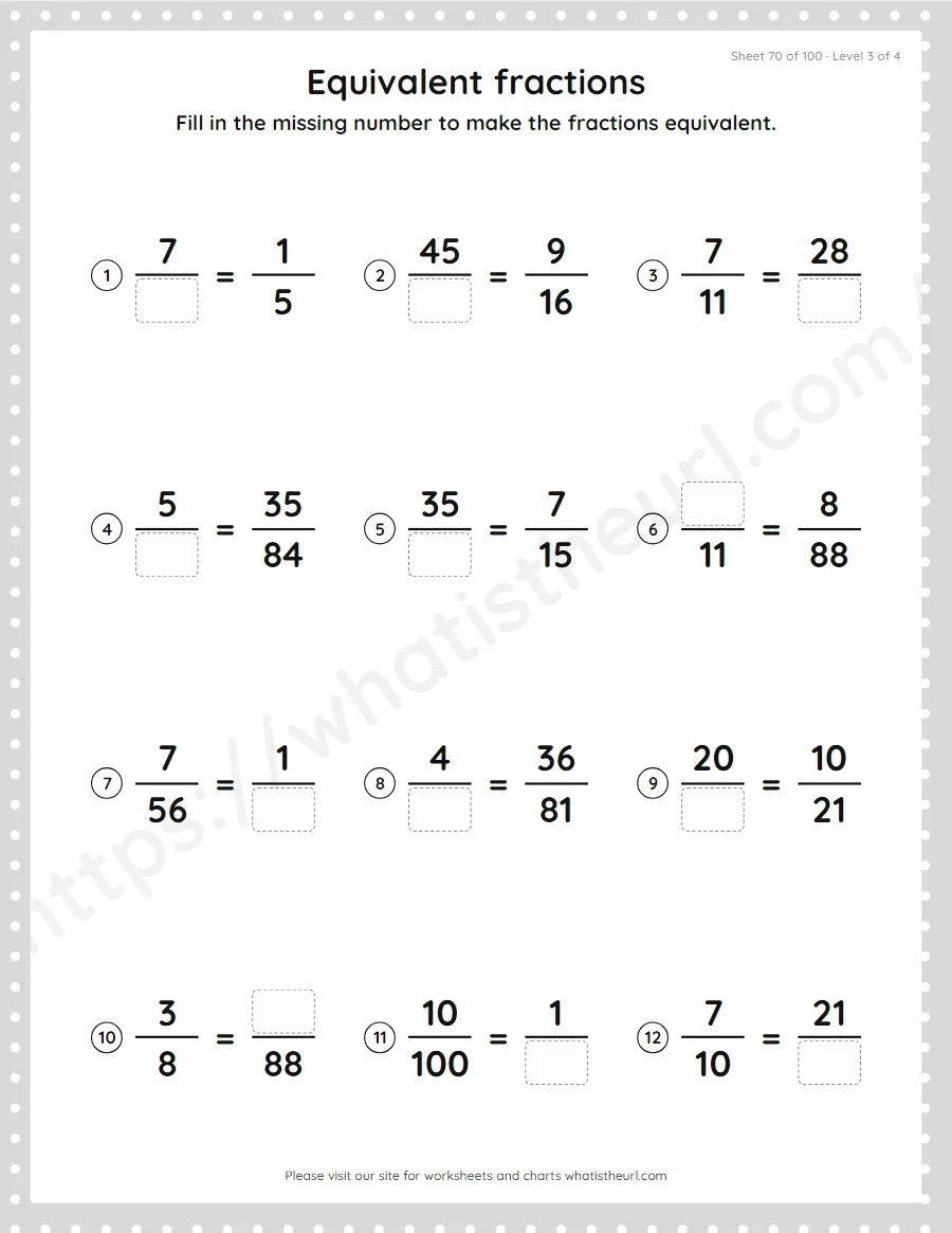 Grade 4 equivalent fractions - find the missing number worksheet, sheet 70