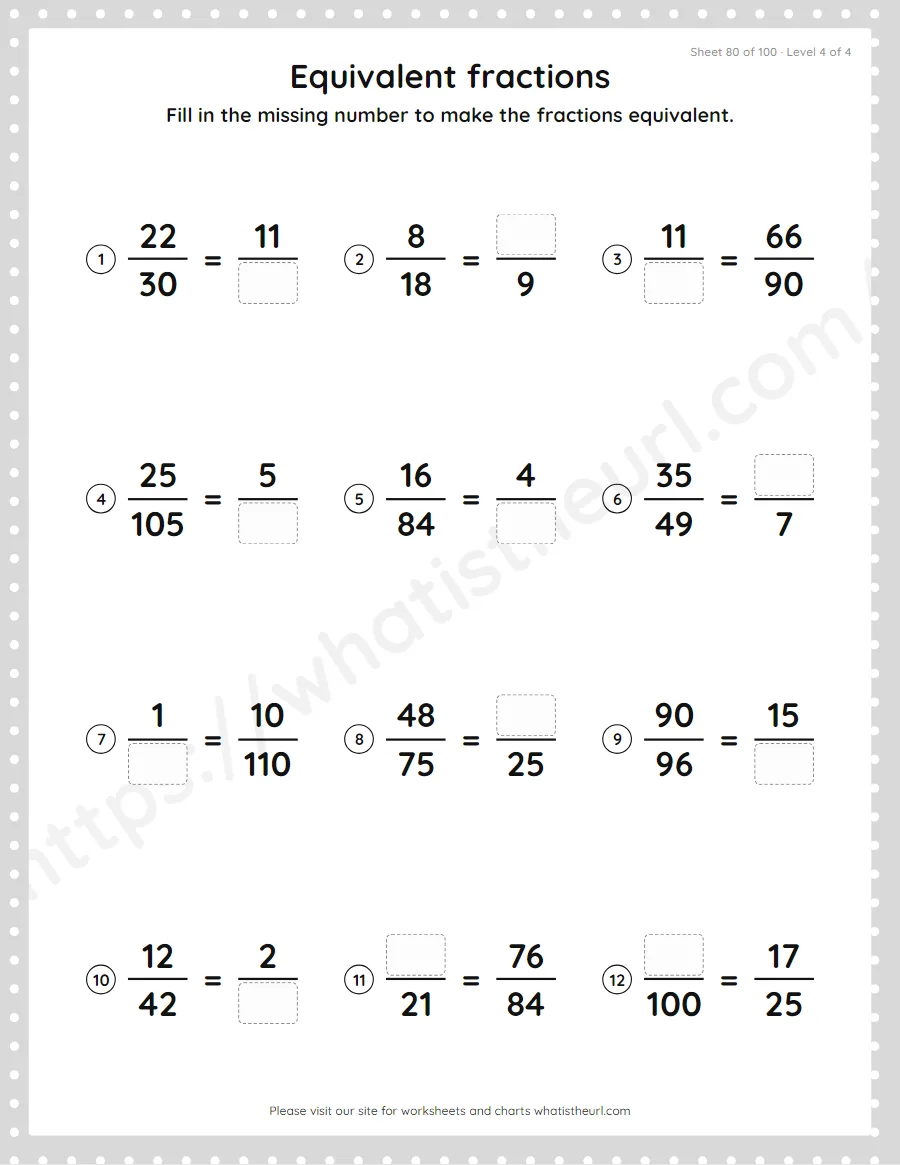 Grade 4 equivalent fractions - find the missing number worksheet, sheet 80