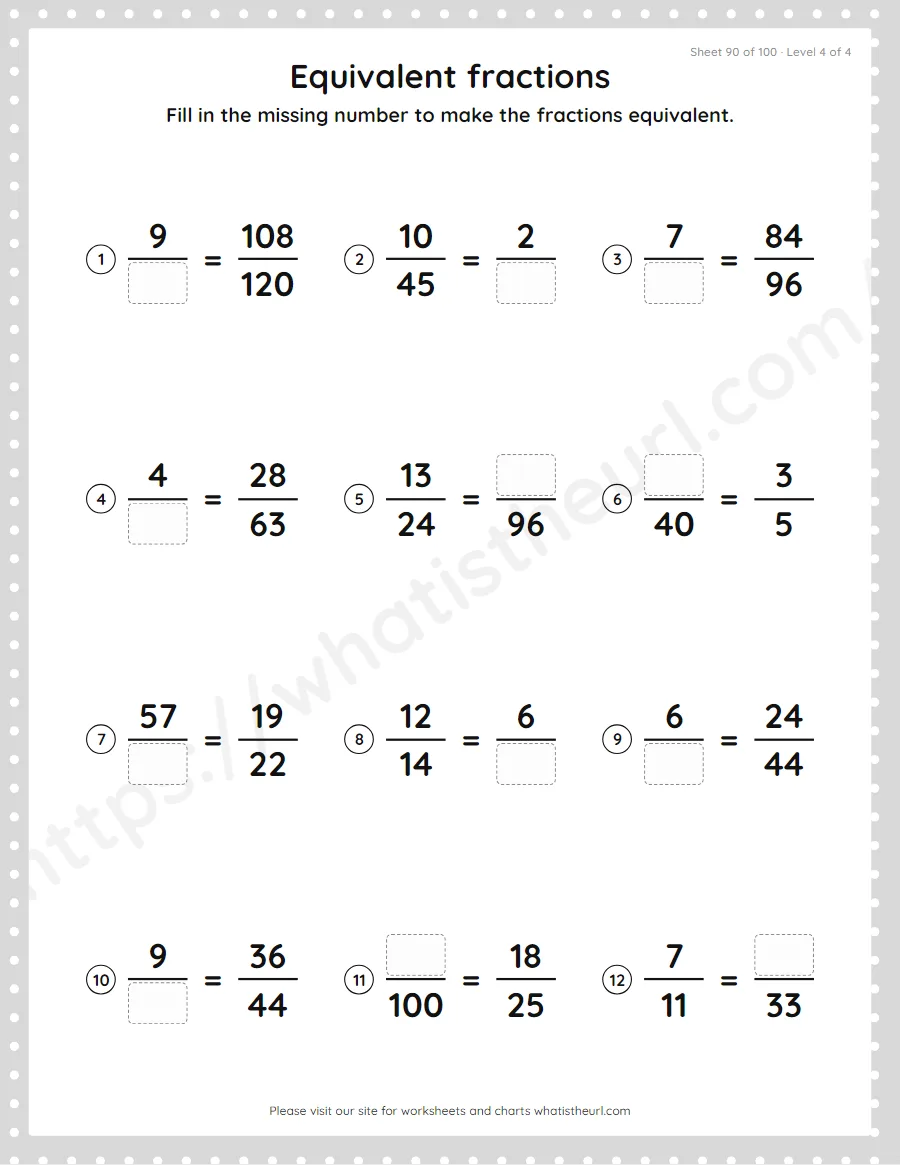 Grade 4 equivalent fractions - find the missing number worksheet, sheet 90
