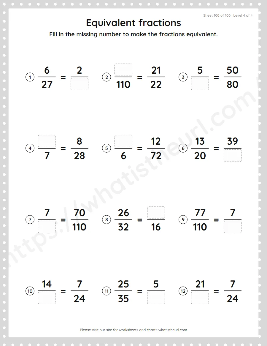 Grade 4 equivalent fractions - find the missing number worksheet, sheet 100